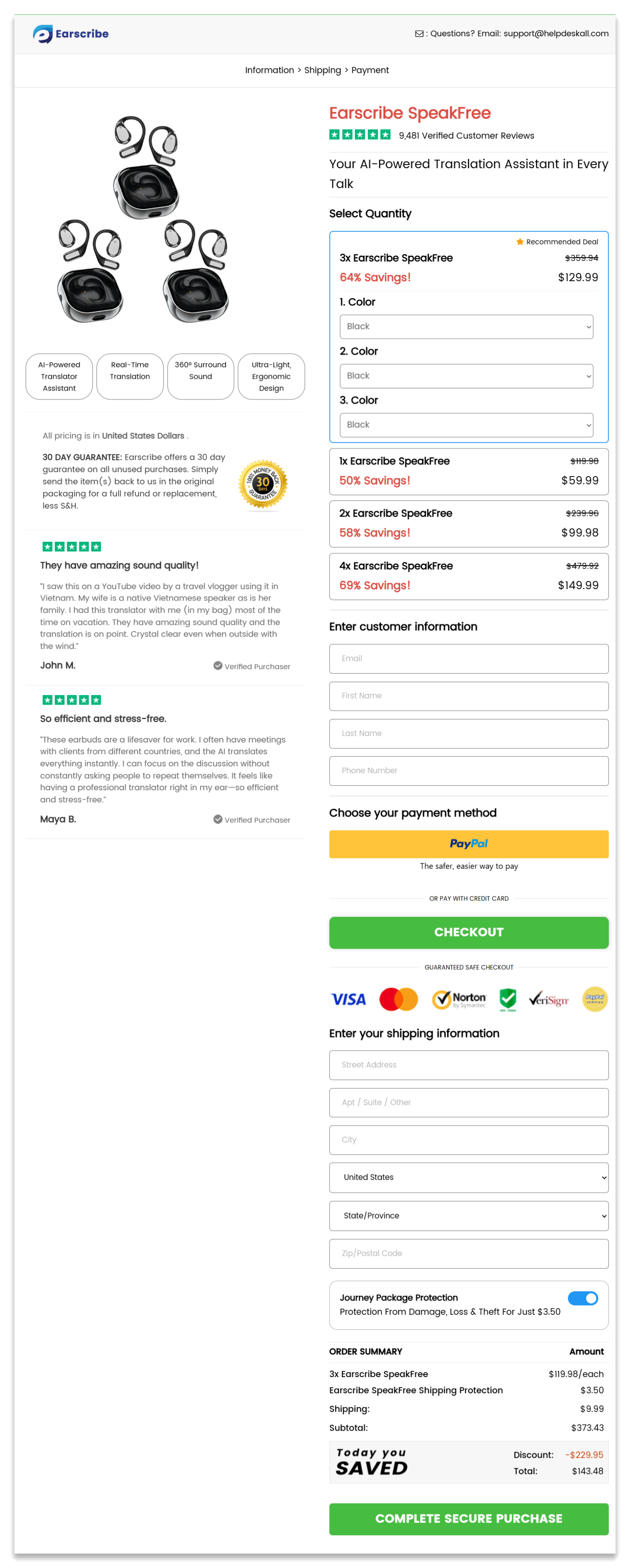Earscribe SpeakFree secure checkout page